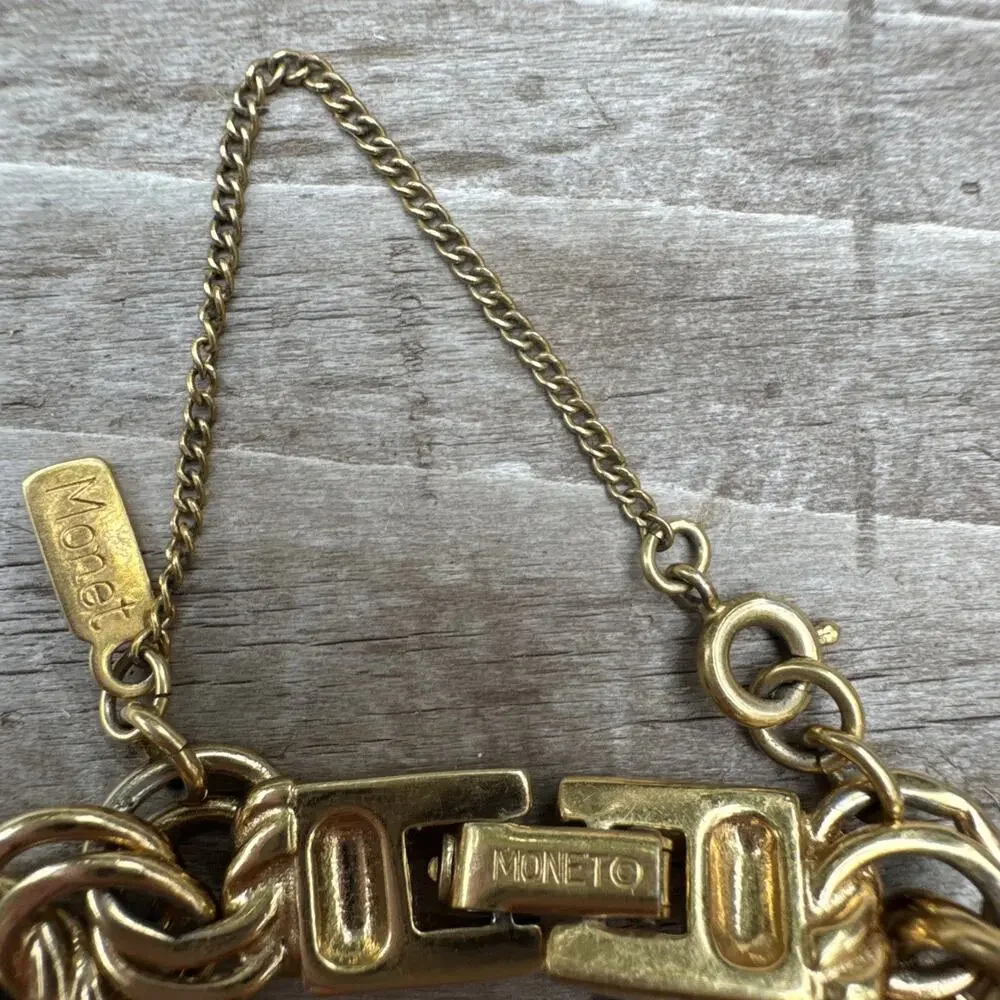 Vtg Monet Gold Tone Bracelet W/ 3 Charms Safety Chain Daughters Child Birthday